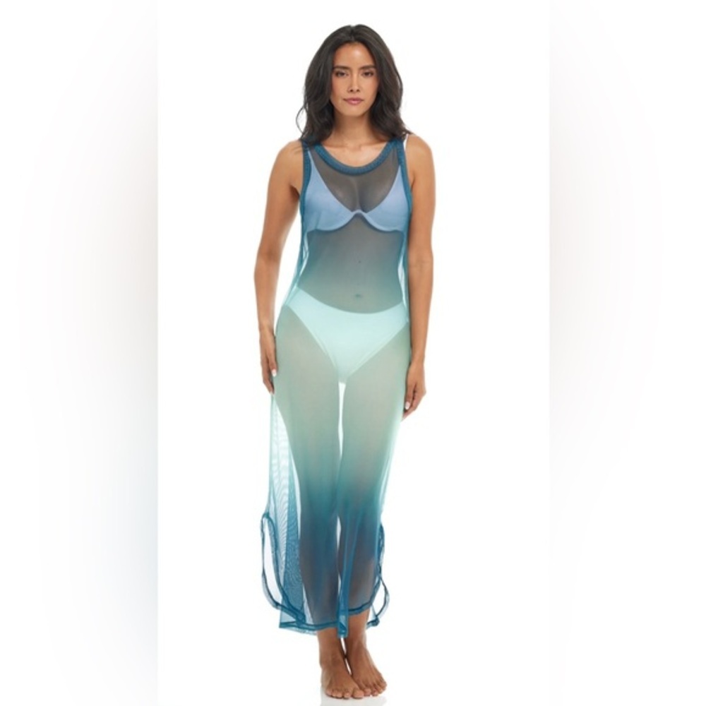 Jordan Taylor blue green OMBRE POWER MESH MAXI sleeveless coverup dress size L